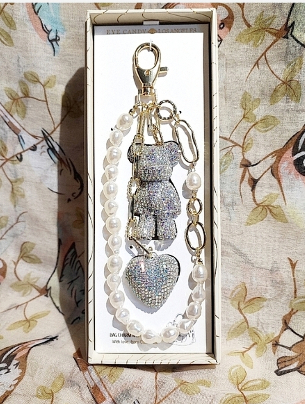 Eye Candy Aurora Borealis Rhinestone 3D Teddy Bear Heart Bag Charm Keychain NWT